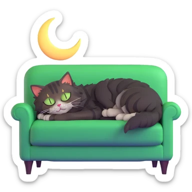 tricolor fluffy cat with big green eyes sleeping on a sofa with a moon above her sticker