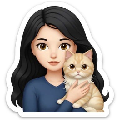 A white girl with brown eyes and black hair long downward wave is holding her blonde persian cat sticker