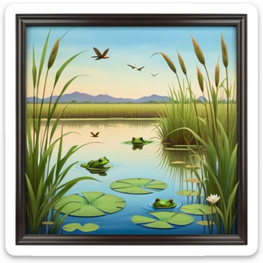 Cinematic Realistic Wetlands Emoji in a wooden frame, Peaceful and serene, with tall grasses swaying in the breeze and soft, muddy waters reflecting the sky above. Small birds and insects flit among the reeds while lily pads float lazily across the surface, punctuated by the occasional croak of a frog or splash of a fish. Soft glowing outline, capturing the essence of a calm, tranquil wetland brimming with life and natural beauty. sticker