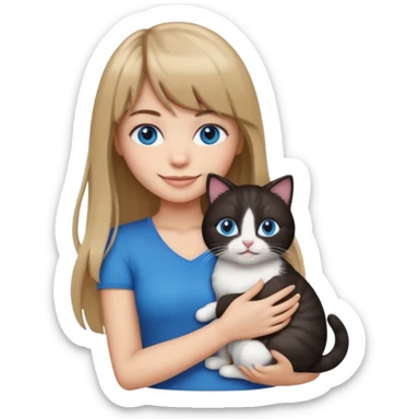 Apple-style emoji sticker of a young woman with long dark blond hair and bangs, blue eyes , holding a black-and-white cat on her chest, both smiling.  sticker