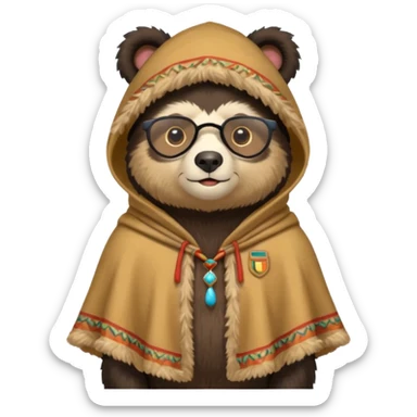 Spectacled bear wearing a chullo and a poncho that says I.T.I. CUSCO on the chest sticker