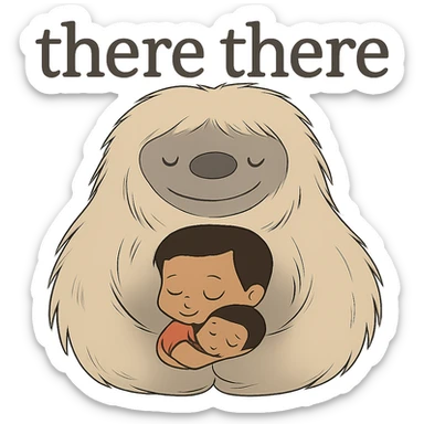 Further reduce the image file size while keeping the background transparent and preserving the 'there there' text through the head of the Abominable Snowman hugging the much smaller kid. Prioritize file size reduction. sticker