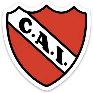 classic South American soccer shield with three-pointed top and rounded base, white outline, intense red background, white diagonal band crossing from top left to bottom right, black bold spaced capitals 'C.A.I.' with black dots between letters, centered in band sticker