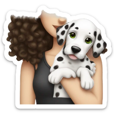 White Girl with dark brown curly hair and green eyes is holding Dalmatian puppy sticker