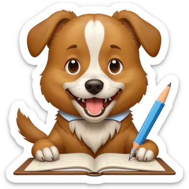 playful dog with homework clamped between teeth, bite marks and torn edges visible, apple style emoji sticker
