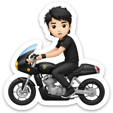 generate a pretty fair bratz boy with a messy mullet (black hair), wearing a BLACK polo.  on a superbike sticker