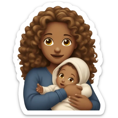 Tan girl with long curly hair and hazel eyes holding newborn baby boy in arms  sticker