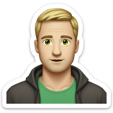 white guy, 30 years old, white skin, round face shape, wide nose, big eyebrows, no beard, very short hair, green eyes sticker