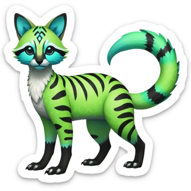 Rare realistic iridescent neon lime-green & cyan white black lush tropical exotic edgy epic pretty beautiful handsome gorgeous aesthetic colorful vibrant Vernid-Protogen-Primagen-Genet-Trico-species-Fakemon-hybrid-creature by LiLaiRa, beautiful intricate markings, full body sticker