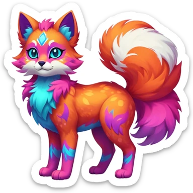 Vibrant multicolored neon-colored Falvie-Fionbri-creature-sparkle-feline-canine-hybrid-fursona, full body, fur pattern-markings sticker