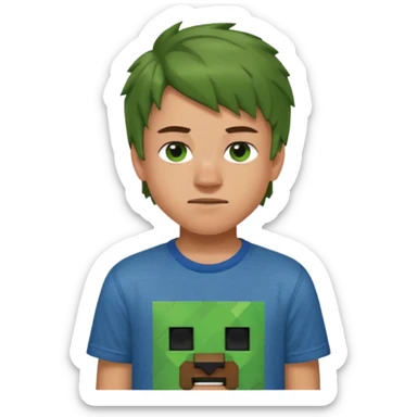 A 14 yerar old teenage boy, slightly tanned, wearing a green minecrcaft tshirt, blue jeans and green sneakers with brown tousled hair, smirking sticker