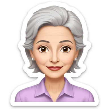 Older Puerto Rican actress Marian Pabón with elongated face, light pinkish skin, almond-shaped expressive eyes, straight nose, well-defined lips with wide smile, arched eyebrows, pronounced cheekbones, short spiky gray hair like a man's cut, more wrinkles, wearing a white buttoned shirt sticker