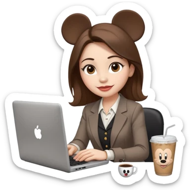 Women in front of one laptop that has a Mickey sticker on it, with a happy face, face fuller, lips plump, full eyebrows, dirty brown hair, light brown big eyes, light pale skin with a iced coffee on the side, business attire, who is typing sticker