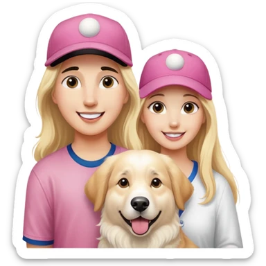 A very large goofy looking great Pyrenees dog with his golden retriever brother, and a very pretty blonde girl, smiling very big with large eyes and a pink baseball cap sticker