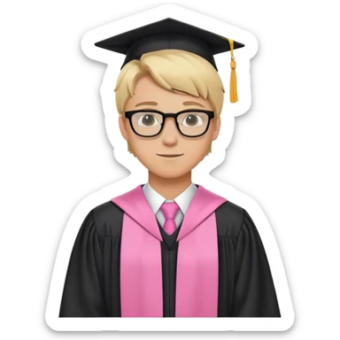 A blonde-haired young white man, wearing glasses, in the middle of his graduation with black and pink theme sticker