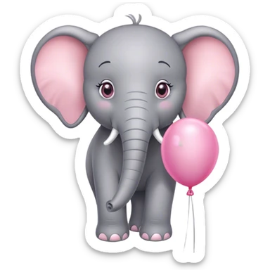 Pixar style, Little gray and pink elephant with big sparkling eyes, holding a balloon  sticker