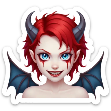 extremely diabolical girl with demonic bat wings, blood red hair, glowing blue eyes, black hellfire aura, sharp horns, evil grin sticker