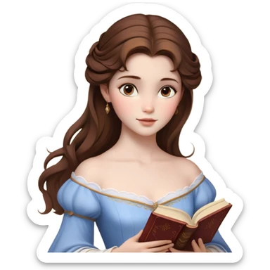 Cinematic Realistic Belle Portrait, depicted with lifelike skin texture, soft natural lighting, and intricately detailed brown hair styled elegantly. Her deep, expressive eyes exude warmth and intelligence, complemented by a serene and graceful expression. She gently holds a book in one hand, her other hand resting at her side, radiating an aura of beauty and intellect. She is dressed in her classic yellow ball gown, the fabric rich in texture with delicate folds that catch the light beautifully. The portrait features a soft, enchanting glow with a natural, radiant finish, capturing the essence of timeless beauty in a realistic and painterly style, evoking a sense of depth and authenticity. sticker