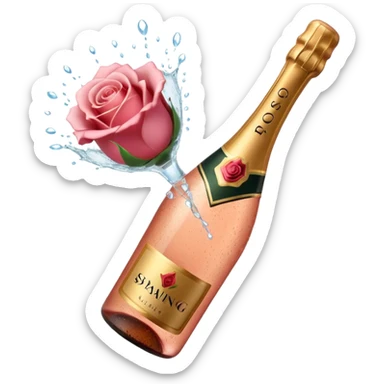 bottle of sparkling rosé champagne with a rose logo on the label, with the cork exploding out from the top, tilted up and to the left, no glass sticker