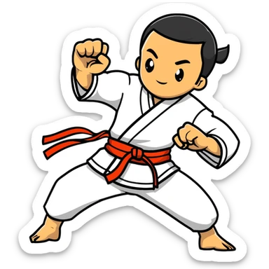 Martial artist in dynamic kung fu pose, wearing traditional loose outfit with sash sticker