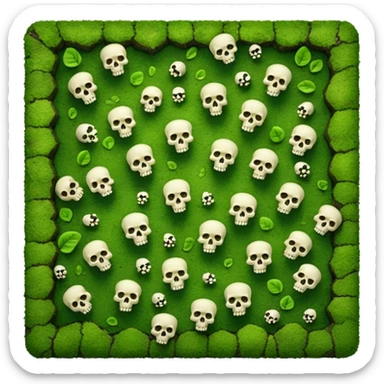 A creepy moss covered ground with skulls from a top down perspective. In the style of your bleeding skull art. In a realistic style covering the whole screen with little tint skulls. No border, all moss sticker