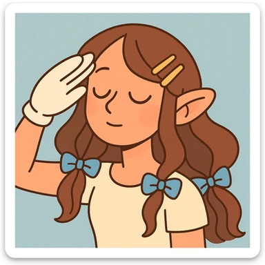 close-up digital illustration of a character with long wavy brown hair, golden hair clips, blue ribbons, soft pastel tones, light blue subtle textured background, eyes closed, head tilted, serene contemplative look, white glove on right hand saluting, pointy ears, slight blush, ethereal glow on face, exuding gentleness and vulnerability sticker