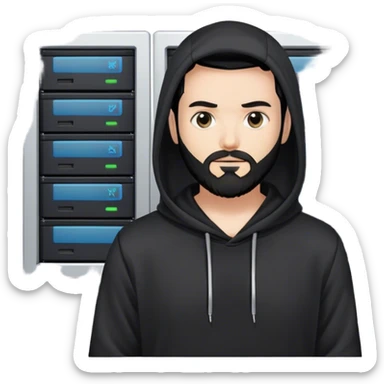 hackeur blanc cheveux noir barbe et capuche noir à côté d'un server ia sticker