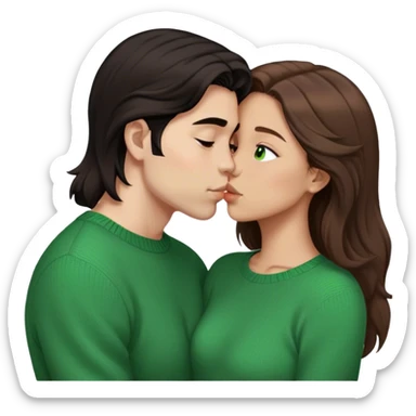 Young guy with black slightly long hair kissing a young woman with brown hair and  green sweater with the emoji made s there is no part that is cut off sticker