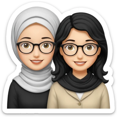 White hijabi girl with black eyes with another girl have long black hair wearing glasses with  another another girl have curly short  honey hair and wearing white glasses  sticker