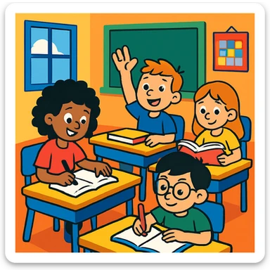 students in classroom, vibrant toon style sticker