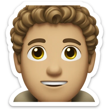 light-skinned man with green eyes and styled brown hair writing sticker