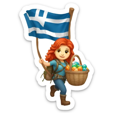 red hair female winter mountaineer climbing with Easter basket and Greek flag sticker