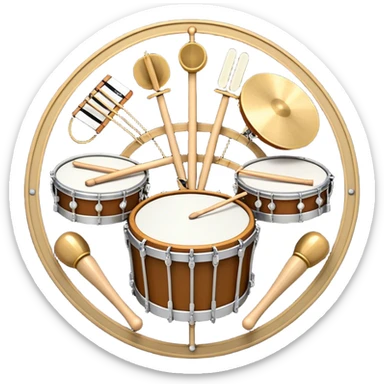 Create a complex, festive, and professional emblem-like emoji representing percussion instruments. The design should resemble a heraldic crest, featuring iconic drums and percussion such as a snare drum, bass drum, timpani, cymbals, marimba, and tambourine, arranged in a balanced and symmetrical composition. Drumsticks should cross elegantly at the center, symbolizing rhythm and energy. A flowing ribbon of musical notes should weave dynamically around the instruments, enhancing the celebratory and grand aesthetic. Ornate elements such as laurel wreaths, swirls, or subtle engravings should emphasize the prestige and importance of percussion in music. The color palette should include rich gold, deep mahogany, and silver, with refined highlights and shading for a polished, three-dimensional effect. The overall composition should be harmoniously structured, visually complete, and suitable as a standalone emblem. The background should be transparent. sticker