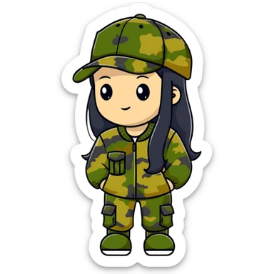 woman with long black hair in camouflage outfit wearing IC daddy cap sticker