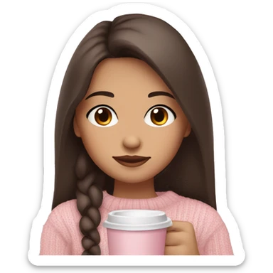 Long dark brown haired girl with dark brown eyes light tan skin and blushing cheeks in a baby pink sweater holding coffee  sticker