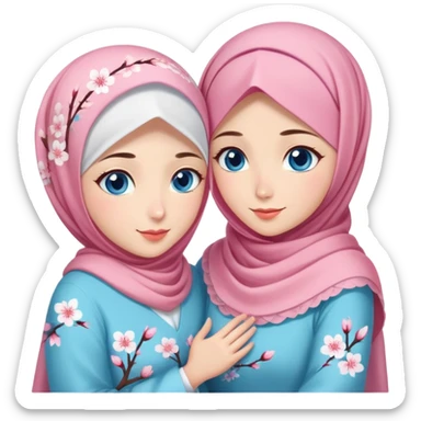 Two friendly sister Turkish girls beautiful finish Konya blue eyes with cherry blossom hijab and heart dress and hugs  sticker