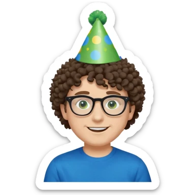 A white guy with curly brown hair and green eyes with a happy face, and wear square black glasses.He’s also got a full silver birthday party hat on his head with blue pom poms on top of it, and his T-shirt is all black, he wears a little gold circle earrings on his left  sticker
