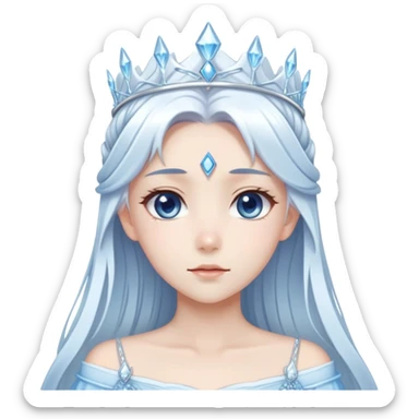 Beautiful anime ice queen with white long pretty hair with light-blue streaks, wearing an icy thin long dress and a silver tiara sticker