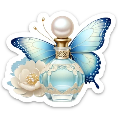 A delicate glass perfume bottle with an iridescent pearl finish rests on a vintage lace doily. A pale blue butterfly flutters nearby, its shimmering wings catching the soft golden light. Scattered white peony petals and a string of pearls add a touch of timeless elegance. sticker