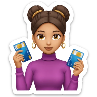 a pretty bratz fair indian girl wearing a beige turtleneck, golden earrings, bun, holding bank cards sticker