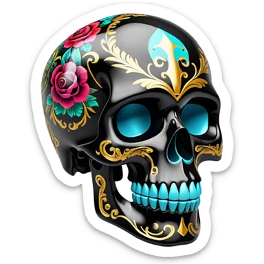 high-end glossy black skull with intricate luxury brand pattern, prismatic color accents inside skull only, professional street art quality, side view sticker