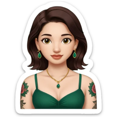 pretty bratz genmoji that looks like tamannah bhatia (bollywood actress), wearing a dark green sweetheart neckline top, dark brown hair, light makeup, no necklace, dangly earrings, side hair part, dark BROWN eyes, with full tattoos and neck tattoo big, fair sticker
