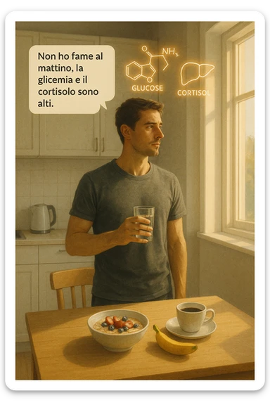 A realistic, cinematic illustration of a man in his early 30s with a lean, healthy build, standing calmly in a bright, minimal kitchen in the early morning. On the kitchen table, there is a prepared but untouched healthy breakfast (oatmeal, fruit, coffee). The man, with a neutral and focused expression, holds a glass of water while looking out of the window where morning sunlight enters. Above him, subtle glowing medical icons display: a glucose molecule, a cortisol hormone symbol, and a liver icon, indicating high morning blood sugar and cortisol levels. A small speech bubble or text overlay says: ‘Non ho fame al mattino, la glicemia e il cortisolo sono alti.’ The scene conveys a sense of calm, clarity, and body awareness, showing that the man consciously avoids breakfast due to physiological signals rather than restrizione. The style is realistic, warm, with a slight film grain, emphasizing health and conscious self-regulation. sticker