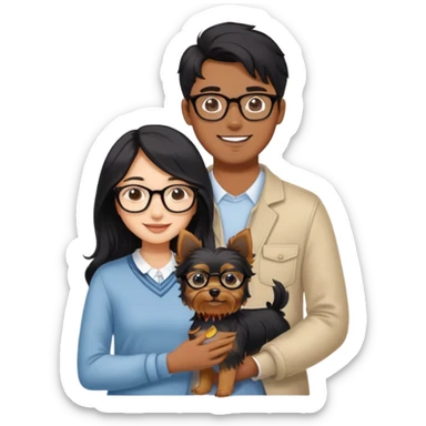 “An Asian girl with long, wavy black hair flowing freely stands beside her smiling boyfriend—a brown-skinned man with a middle part hairstyle and glasses. They are holding a small Yorkshire Terrier together.” sticker