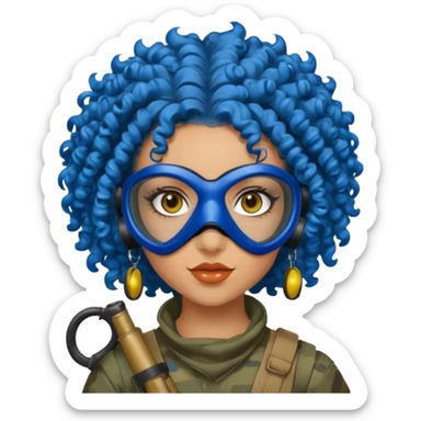 blue curly haired paintball player girl with huge earrings, wearing paintball mask sticker
