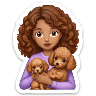 woman with  brown  skin,  wavy  hair ondas eyes is holding a apricotpoodle puppy sticker