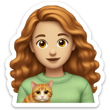  girl with wavy brown hair and brown eyes wearing pale green sweater holding an orange tabby cat sticker
