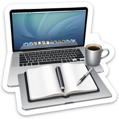 A Mac with a cofre next to it and a notebook and pen on the other side, all seen from above sticker