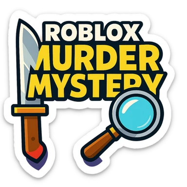 Roblox Murder Mystery logo with bold text, knife and magnifying glass, vibrant toon style sticker
