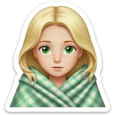 Beautiful girl with and blonde with green eyes and freckles wrapped in a blanket sticker